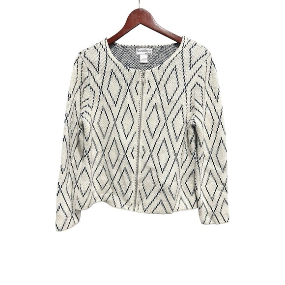 NorthStyle Geometric Cardigan Zipup Jacket White Cottagecore 90s Y2K Vibes Med - Picture 1 of 4